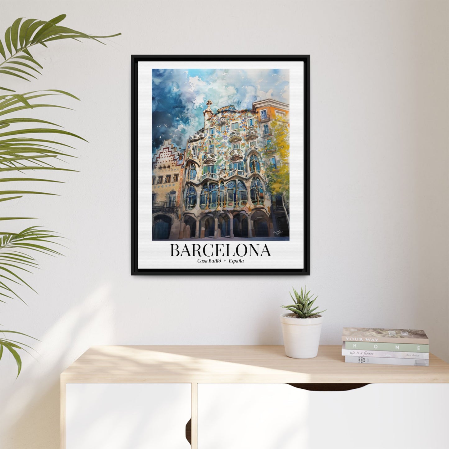 Barcelona Framed Canvas Wall Art – Casa Batlló Print, Cruise Port Memory, Spain Travel Decor, Mediterranean Gift for Architecture Lovers
