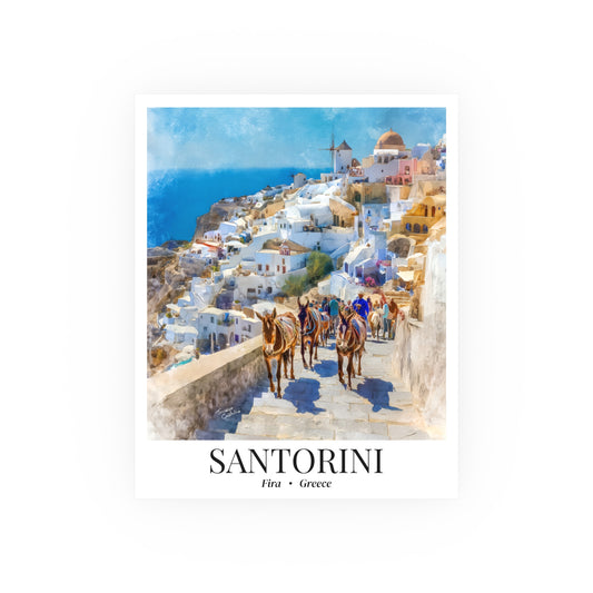 Santorini Travel Poster – Fine Art Print, Donkeys of Fira Artwork, Shared Memory Wall Decor, Greece Souvenir