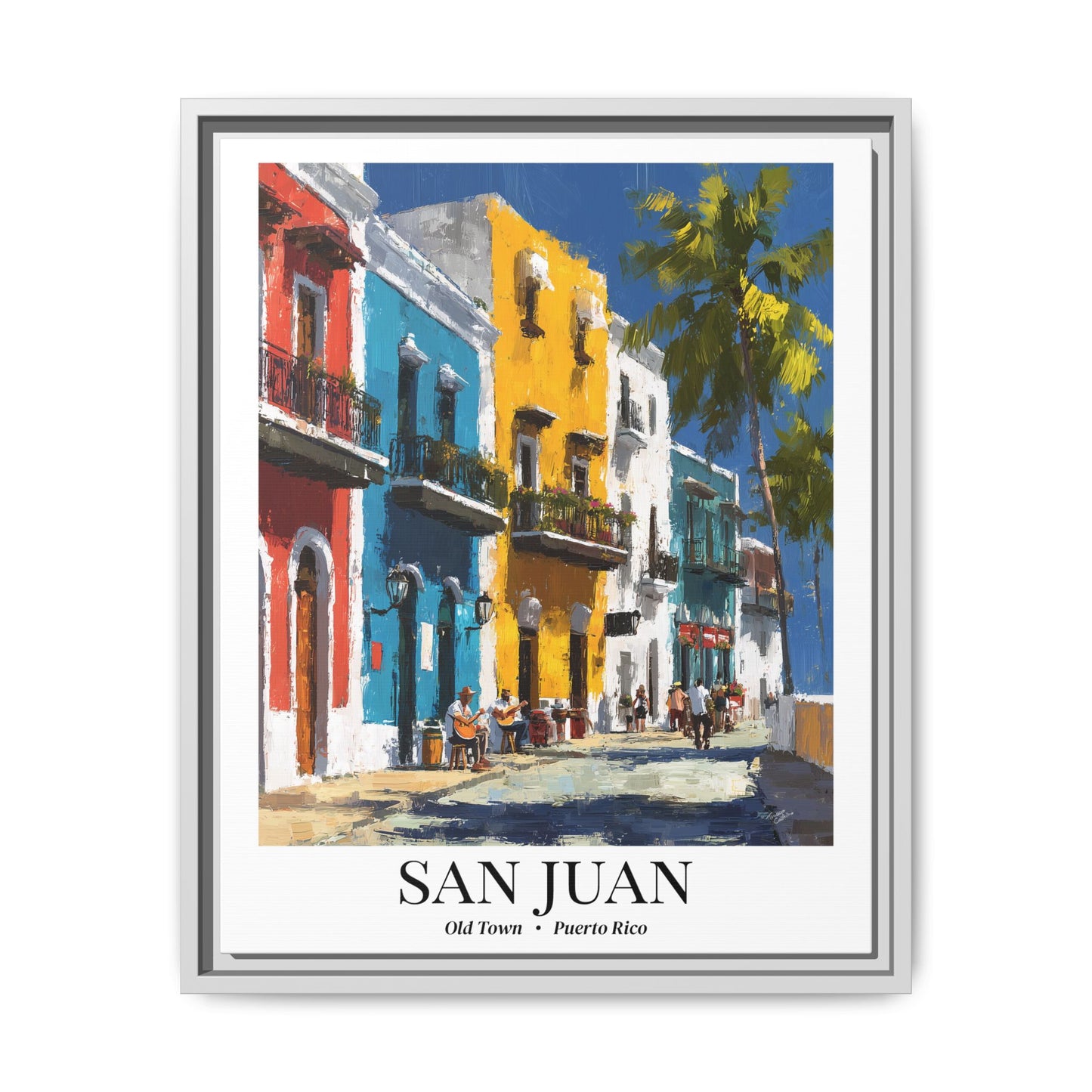 San Juan Framed Canvas Wall Art – Old Town Streets Print, Cruise Ship Vacation Memory, Puerto Rico Decor, Colonial Architecture Gift for Travelers