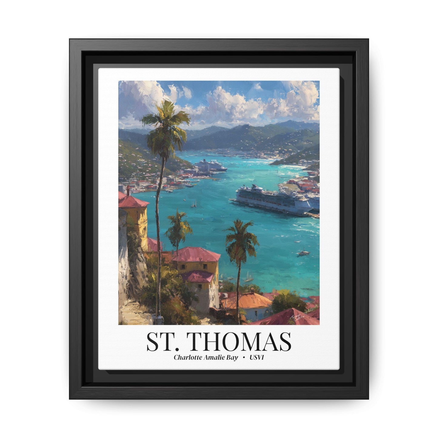 St. Thomas Framed Canvas Wall Art – Fine Art, Charlotte Amalie Bay Print, Travel Memory, Caribbean Wall Decor, Nature-Inspired Gift