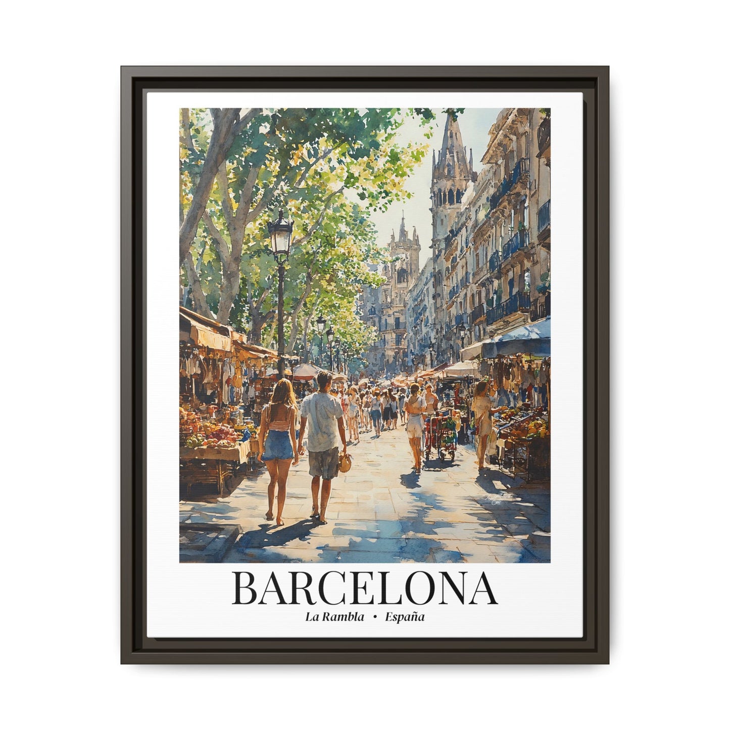 Barcelona Framed Canvas Wall Art – La Rambla Street Scene Print, Cruise Port Memory, Spain Travel Decor, Mediterranean Gift for City Lovers