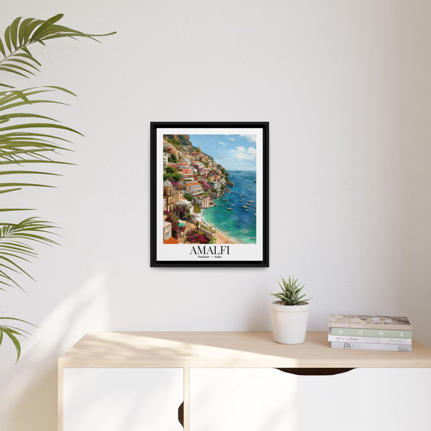 Amalfi Framed Canvas Wall Art – Fine Art,  Amalfi Coast Cliffside Town Print, Cruise Port Memory, Italy Travel Decor, Mediterranean Gift for Explorers