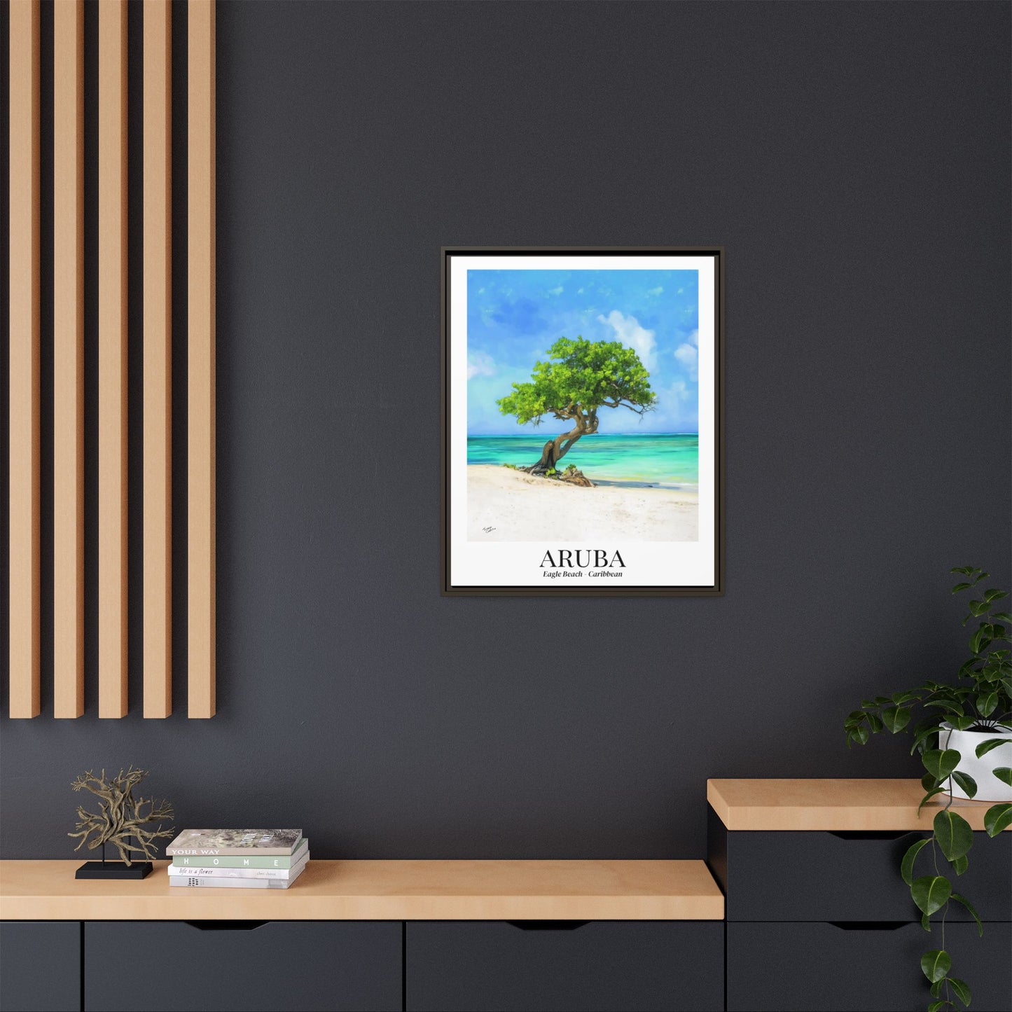 Aruba Framed Canvas Wall Art – Eagle Beach, Fofoti Tree Print, Cruise Ship Vacation Memory, Caribbean Decor, Beach House Gift for Travelers