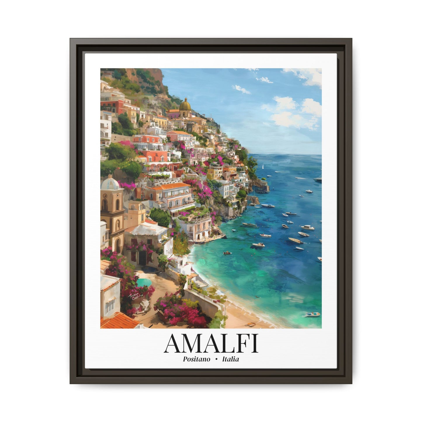 Amalfi Framed Canvas Wall Art – Fine Art,  Amalfi Coast Cliffside Town Print, Cruise Port Memory, Italy Travel Decor, Mediterranean Gift for Explorers