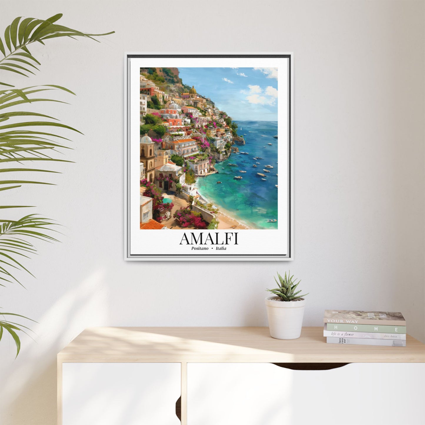 Amalfi Framed Canvas Wall Art – Fine Art,  Amalfi Coast Cliffside Town Print, Cruise Port Memory, Italy Travel Decor, Mediterranean Gift for Explorers