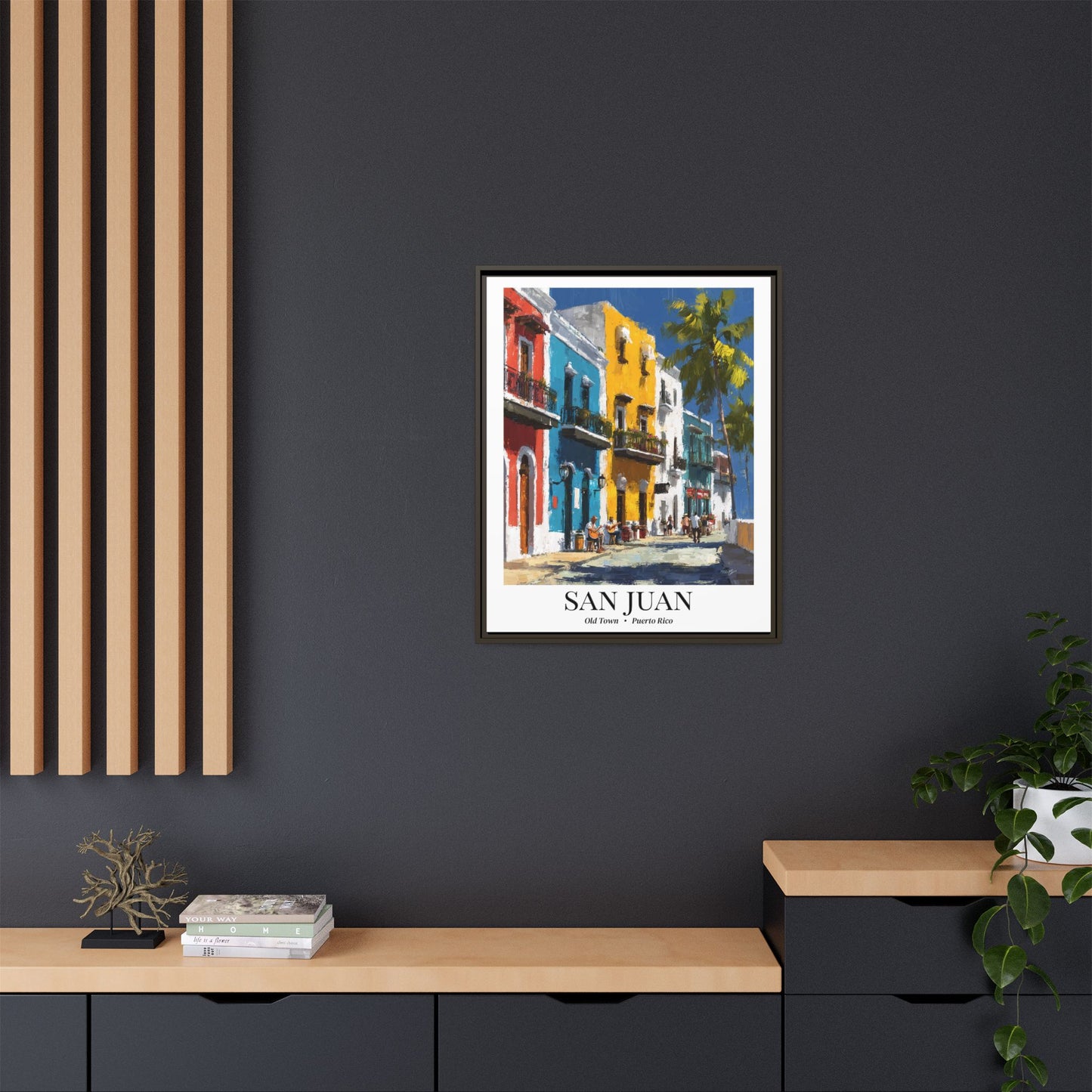 San Juan Framed Canvas Wall Art – Old Town Streets Print, Cruise Ship Vacation Memory, Puerto Rico Decor, Colonial Architecture Gift for Travelers