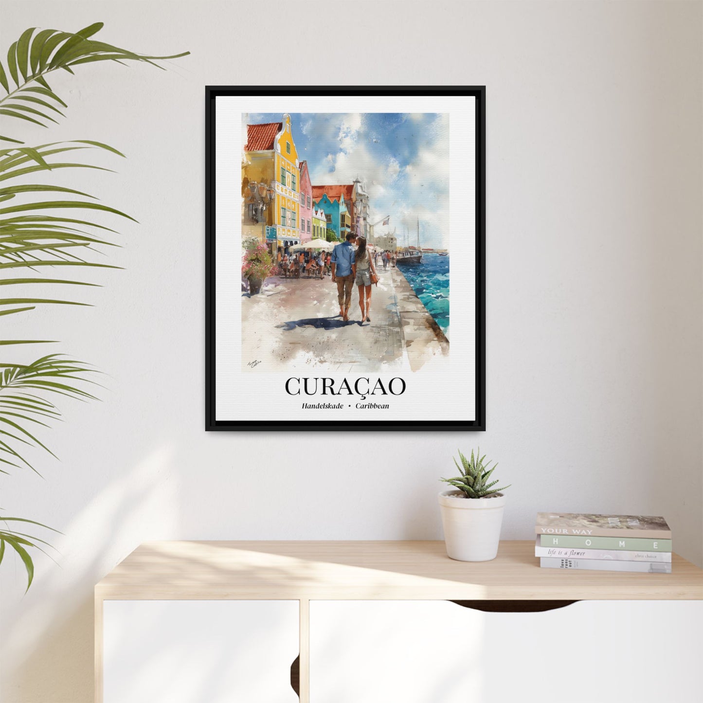 Curaçao Framed Canvas Wall Art – Fine Art, Handelskade Waterfront Print, Travel Memory, Caribbean Wall Decor, Nature-Inspired Gift
