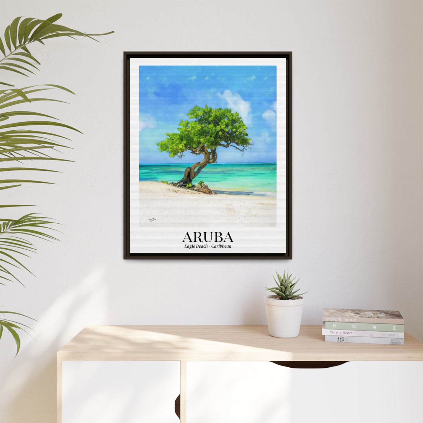 Aruba Framed Canvas Wall Art – Eagle Beach, Fofoti Tree Print, Cruise Ship Vacation Memory, Caribbean Decor, Beach House Gift for Travelers
