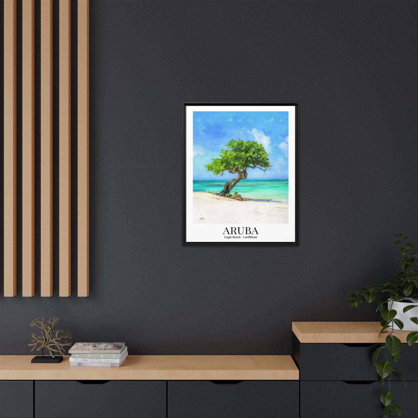 Aruba Framed Canvas Wall Art – Eagle Beach, Fofoti Tree Print, Cruise Ship Vacation Memory, Caribbean Decor, Beach House Gift for Travelers