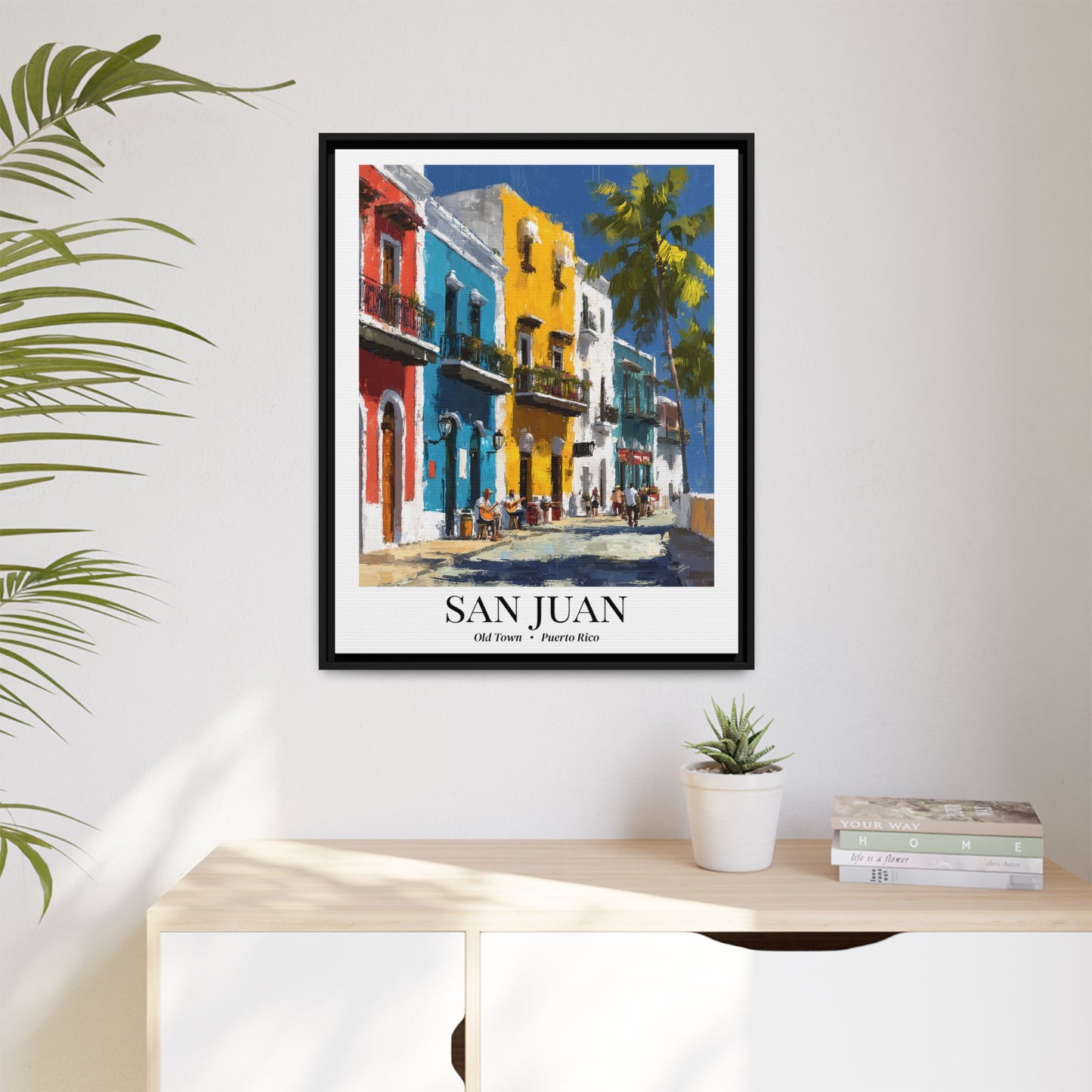 San Juan Framed Canvas Wall Art – Old Town Streets Print, Cruise Ship Vacation Memory, Puerto Rico Decor, Colonial Architecture Gift for Travelers