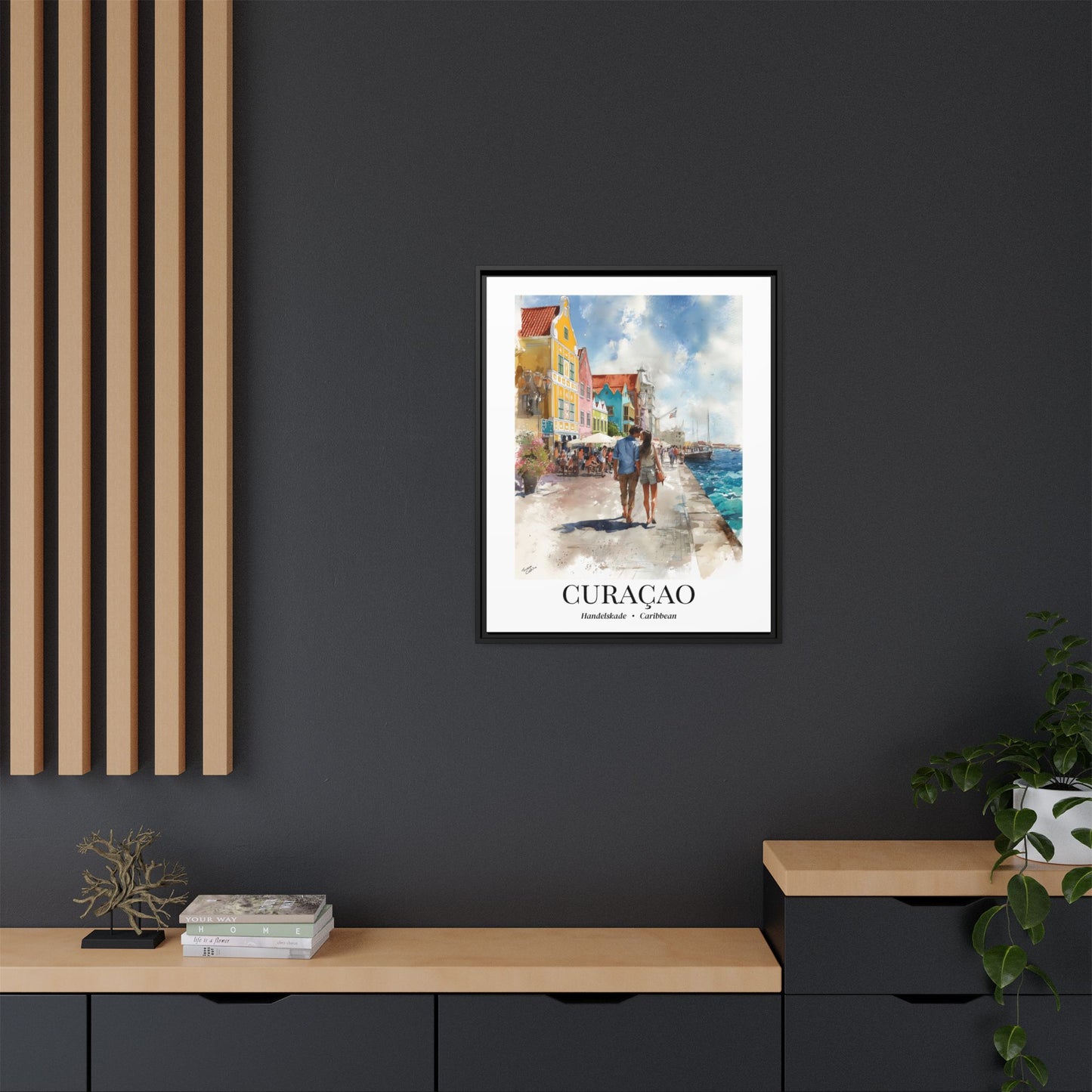 Curaçao Framed Canvas Wall Art – Fine Art, Handelskade Waterfront Print, Travel Memory, Caribbean Wall Decor, Nature-Inspired Gift