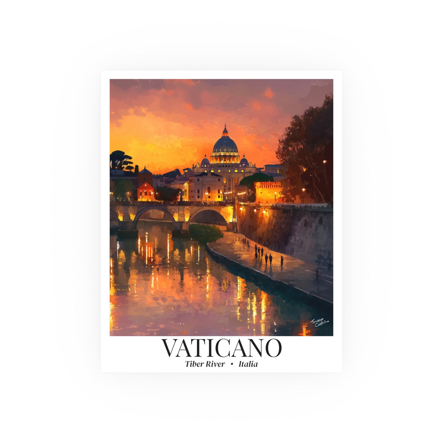 Vaticano Sunset View – Fine Art Framed Canvas Print, Rome Cruise Ship Port Wall Art, St. Peter’s Basilica from the Tiber