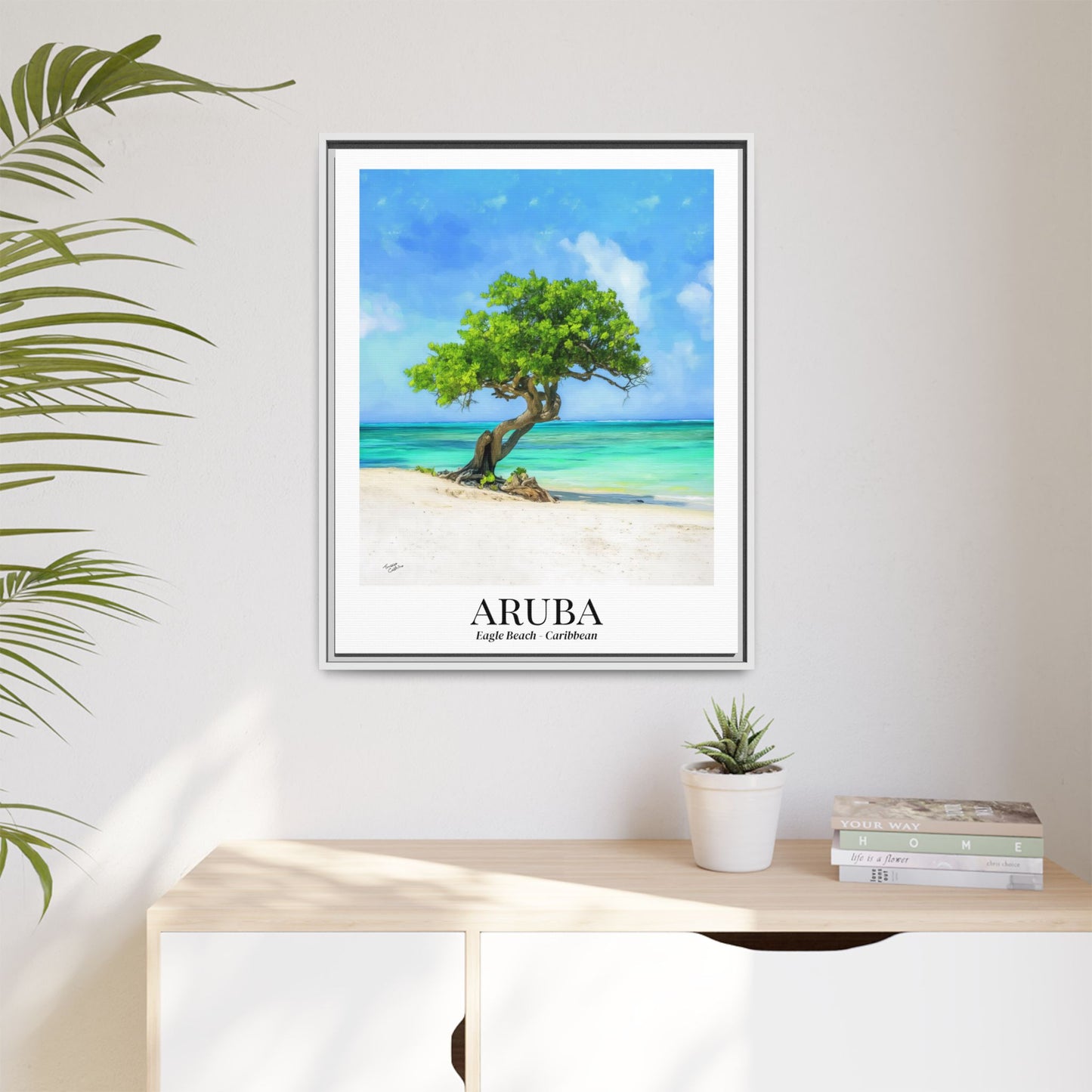 Aruba Framed Canvas Wall Art – Eagle Beach, Fofoti Tree Print, Cruise Ship Vacation Memory, Caribbean Decor, Beach House Gift for Travelers