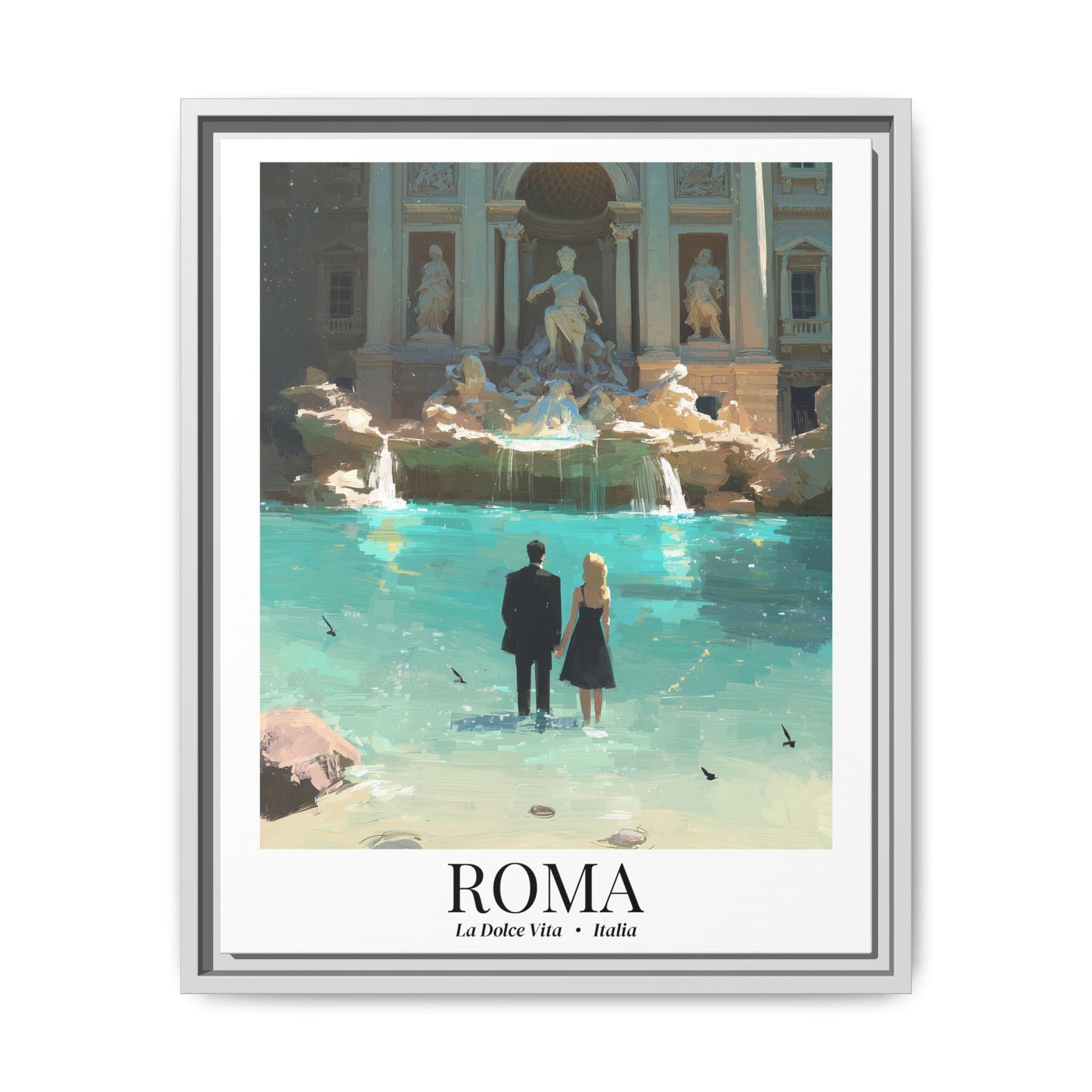 Rome Framed Canvas Wall Art – Fine Art, Trevi Fountain Print, La Dolce Vita Memory, Italy Travel Decor, Romantic Gift for Cinephiles
