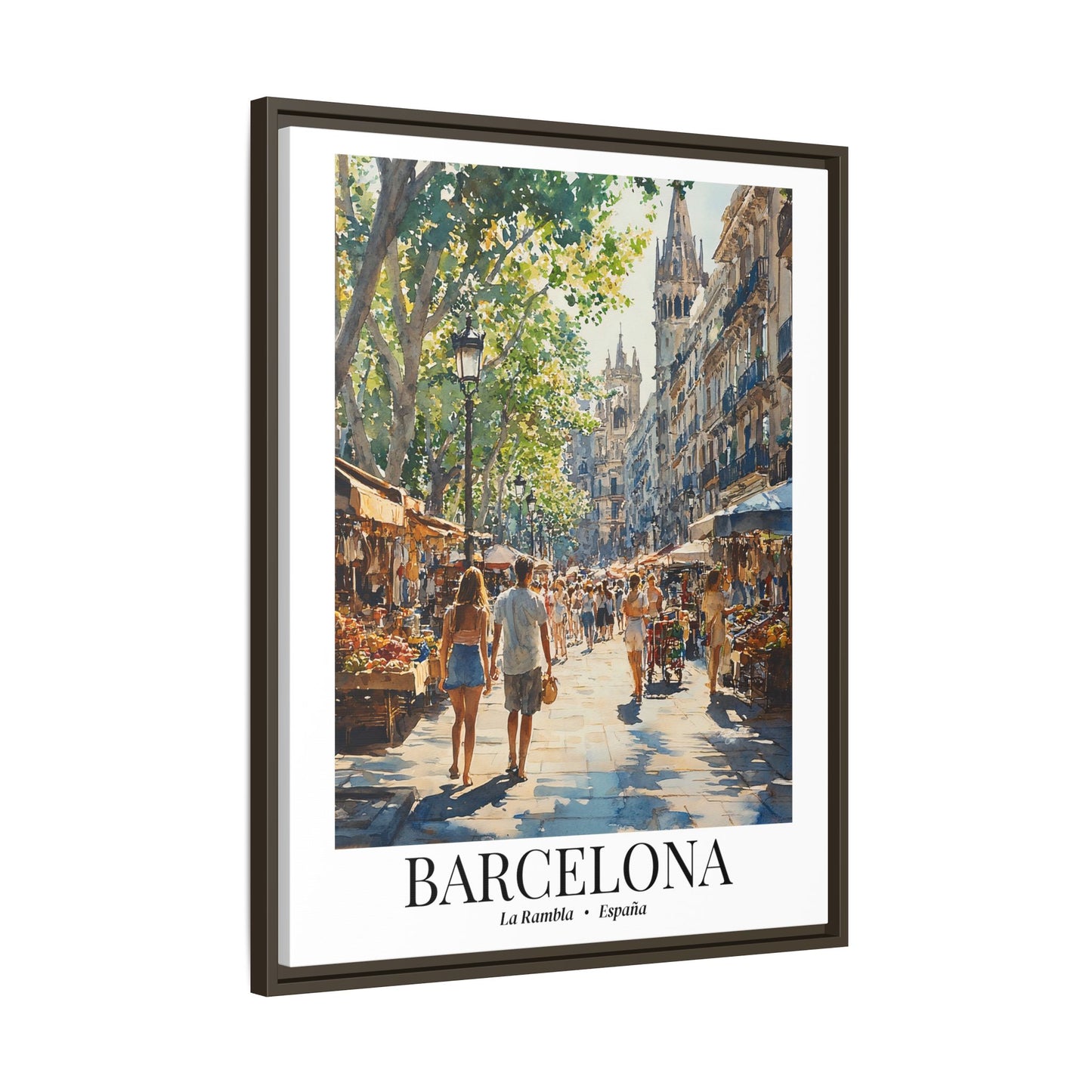 Barcelona Framed Canvas Wall Art – La Rambla Street Scene Print, Cruise Port Memory, Spain Travel Decor, Mediterranean Gift for City Lovers