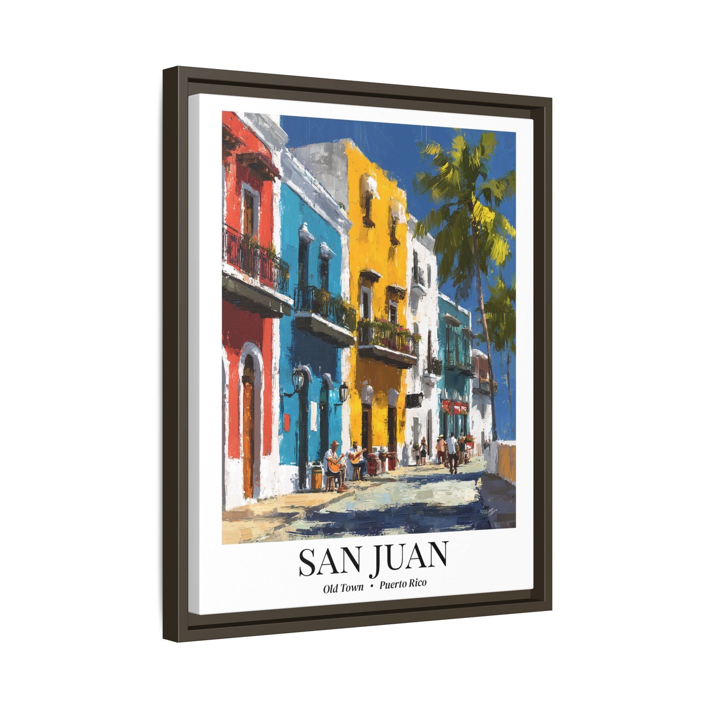 San Juan Framed Canvas Wall Art – Old Town Streets Print, Cruise Ship Vacation Memory, Puerto Rico Decor, Colonial Architecture Gift for Travelers