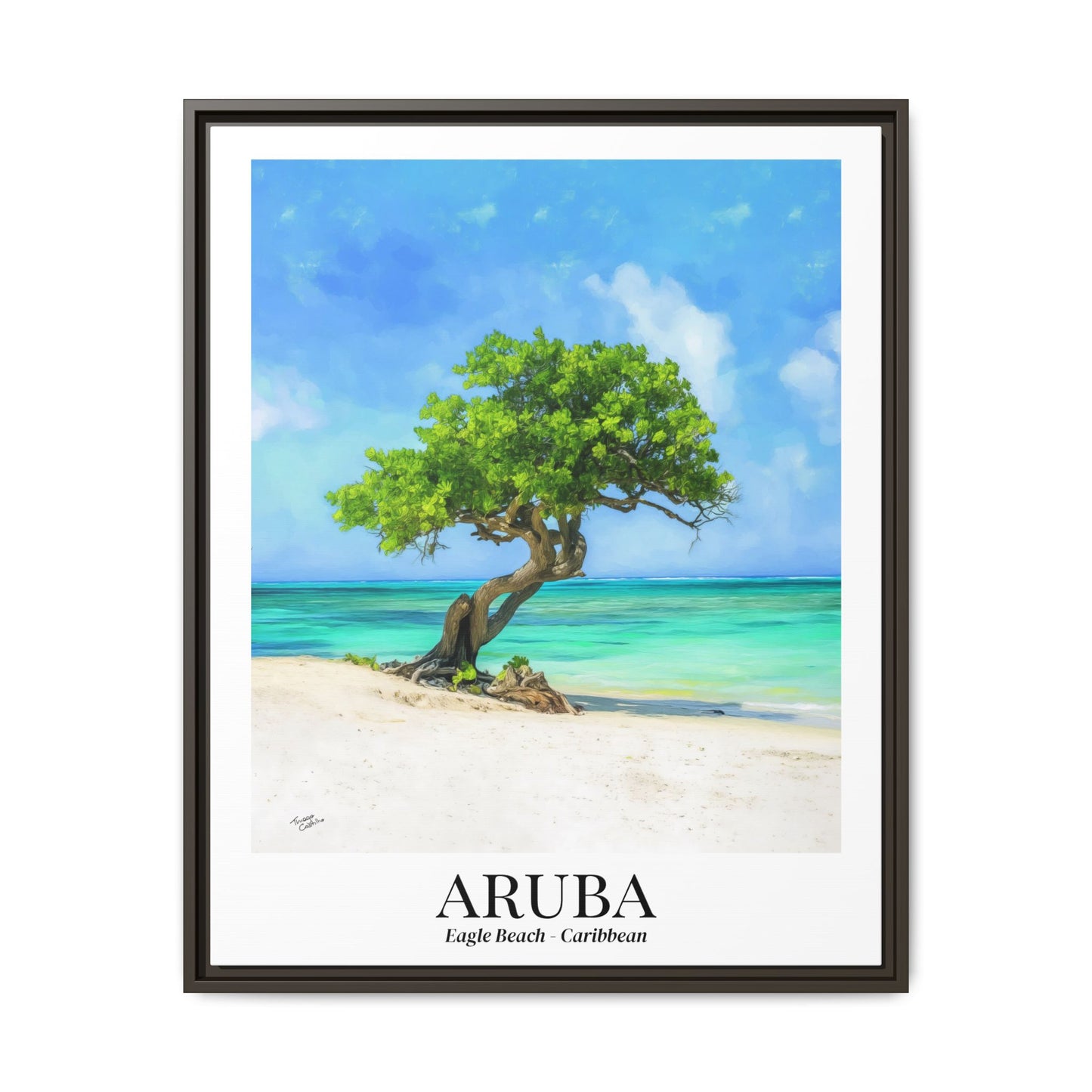 Aruba Framed Canvas Wall Art – Eagle Beach, Fofoti Tree Print, Cruise Ship Vacation Memory, Caribbean Decor, Beach House Gift for Travelers