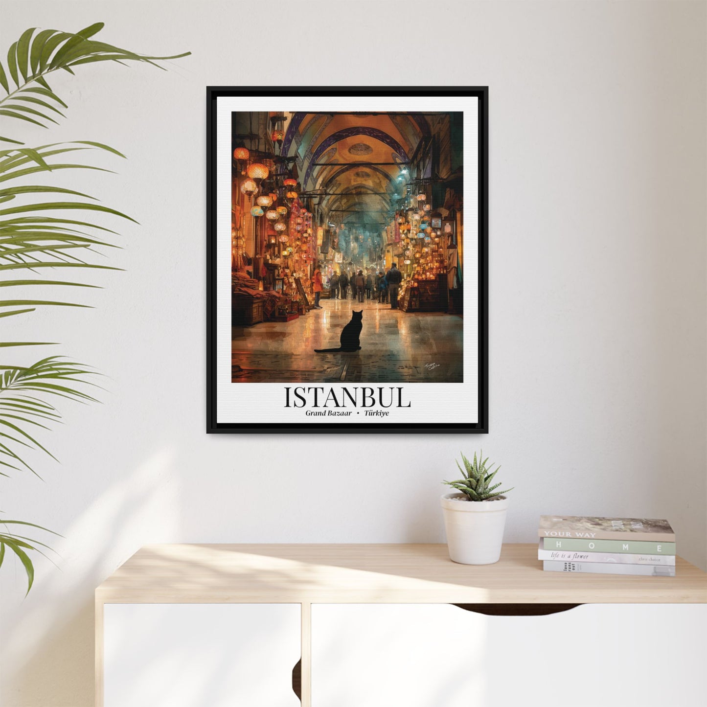 Istanbul Grand Bazaar Framed Canvas Print — Vintage Travel Poster with Cat