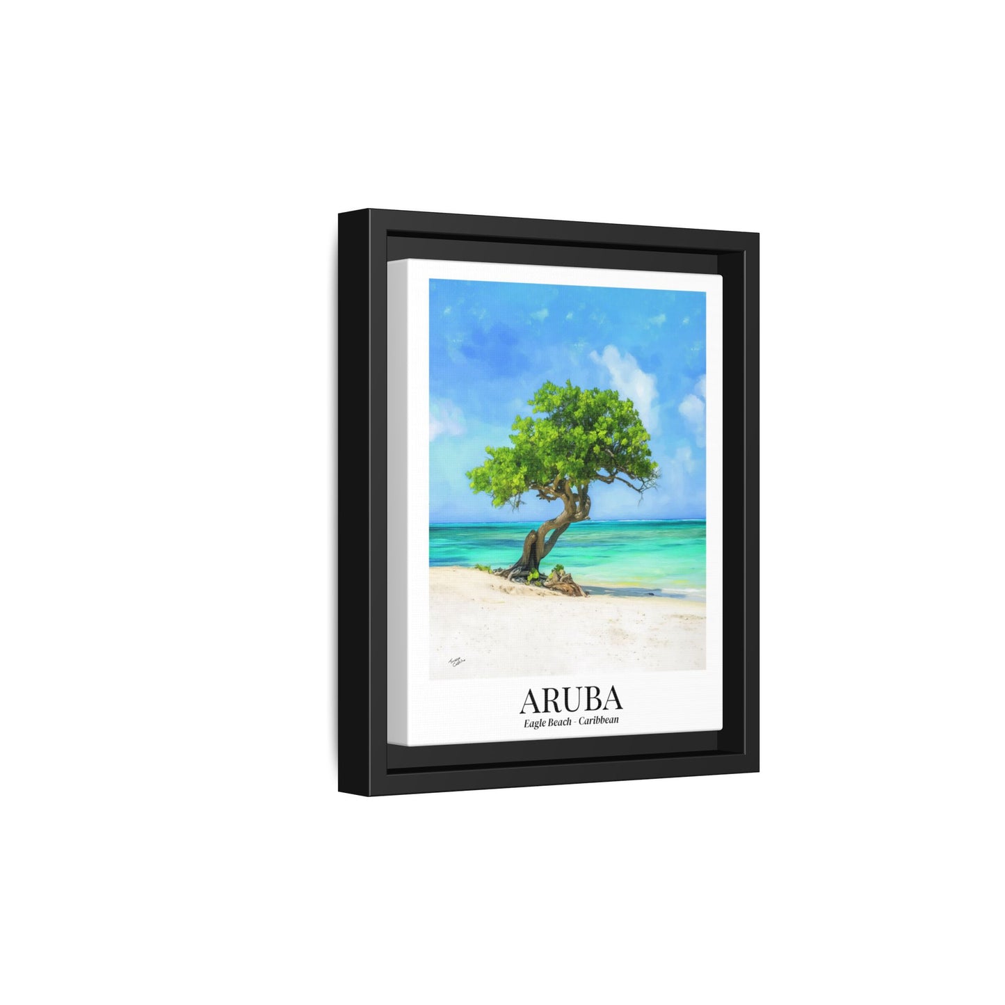 Aruba Framed Canvas Wall Art – Eagle Beach, Fofoti Tree Print, Cruise Ship Vacation Memory, Caribbean Decor, Beach House Gift for Travelers