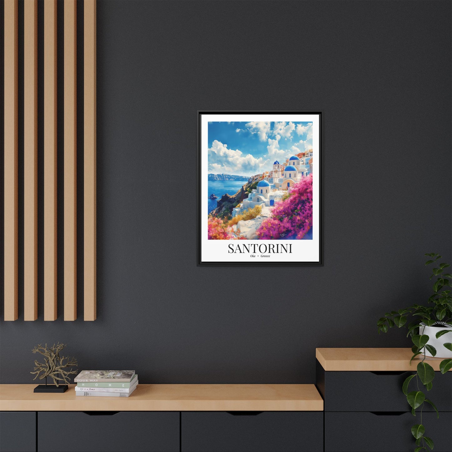 Santorini Framed Canvas Wall Art – Fine Art, Oia Sunset Print, Cruise Port Memory, Greece Travel Decor, Aegean Island Gift for Dreamers