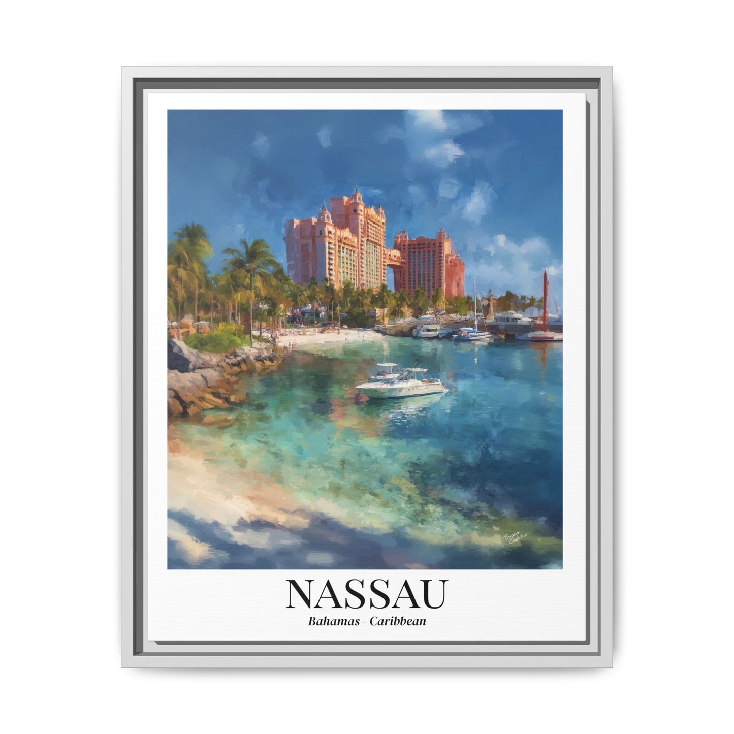 Nassau Framed Canvas Wall Art – Atlantis Resort Print, Cruise Ship Vacation Memory, Bahamas Decor, Beach House Gift for Travelers