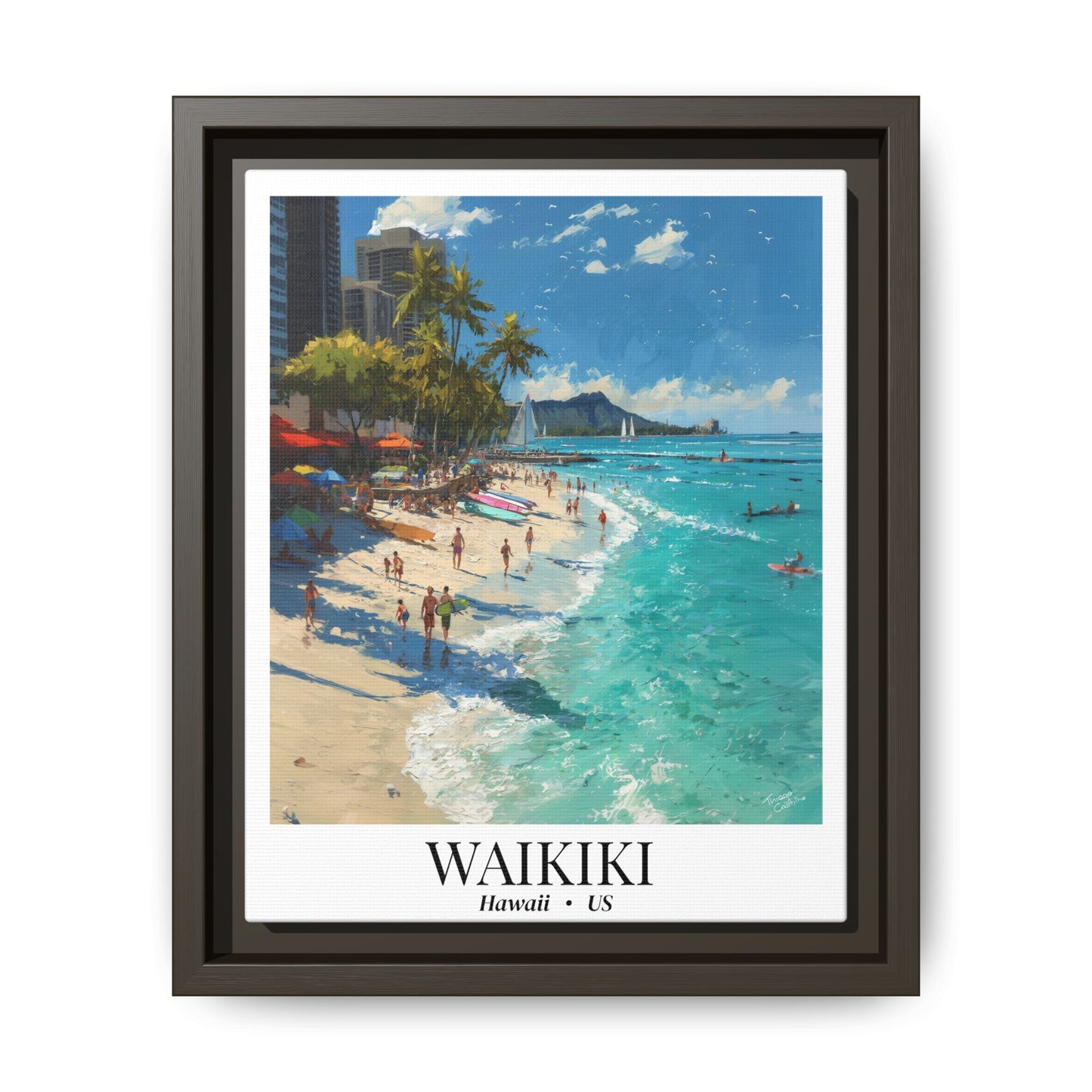 Waikiki Beach Poster Canvas Framed | Tropical Hawaii Wall Art
