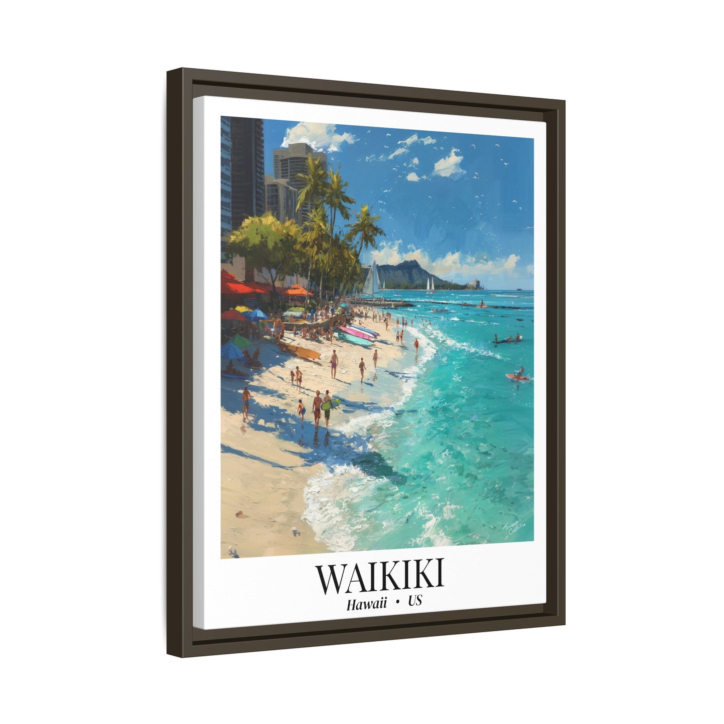 Waikiki Beach Poster Canvas Framed | Tropical Hawaii Wall Art