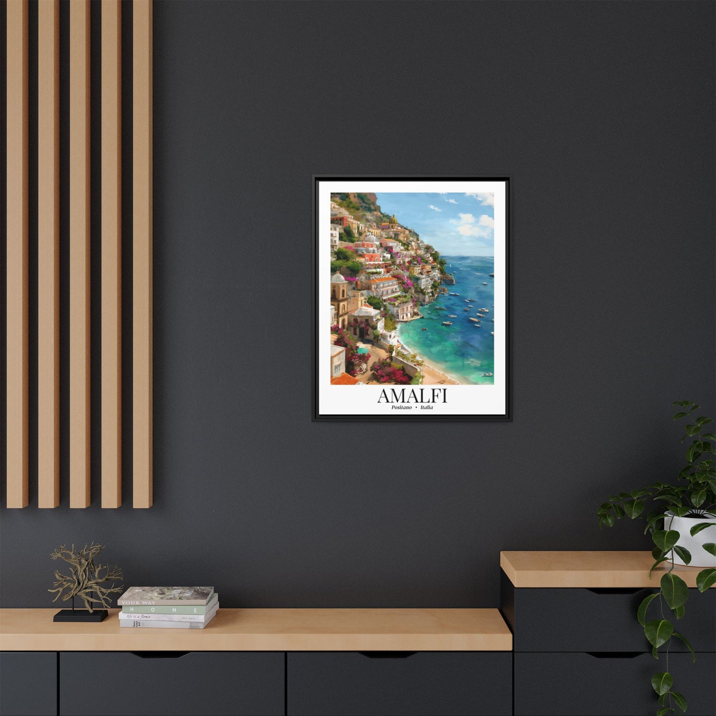 Amalfi Framed Canvas Wall Art – Fine Art,  Amalfi Coast Cliffside Town Print, Cruise Port Memory, Italy Travel Decor, Mediterranean Gift for Explorers