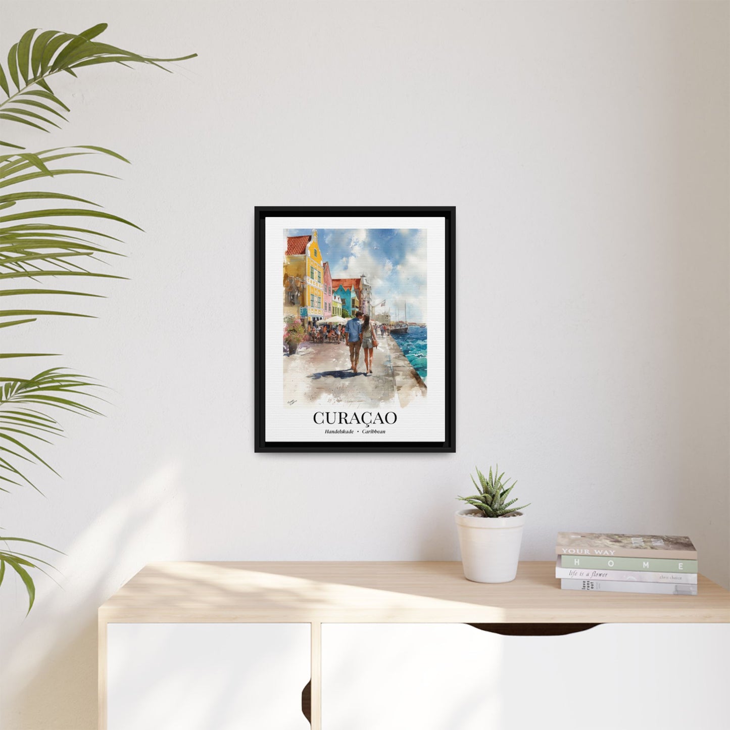 Curaçao Framed Canvas Wall Art – Fine Art, Handelskade Waterfront Print, Travel Memory, Caribbean Wall Decor, Nature-Inspired Gift