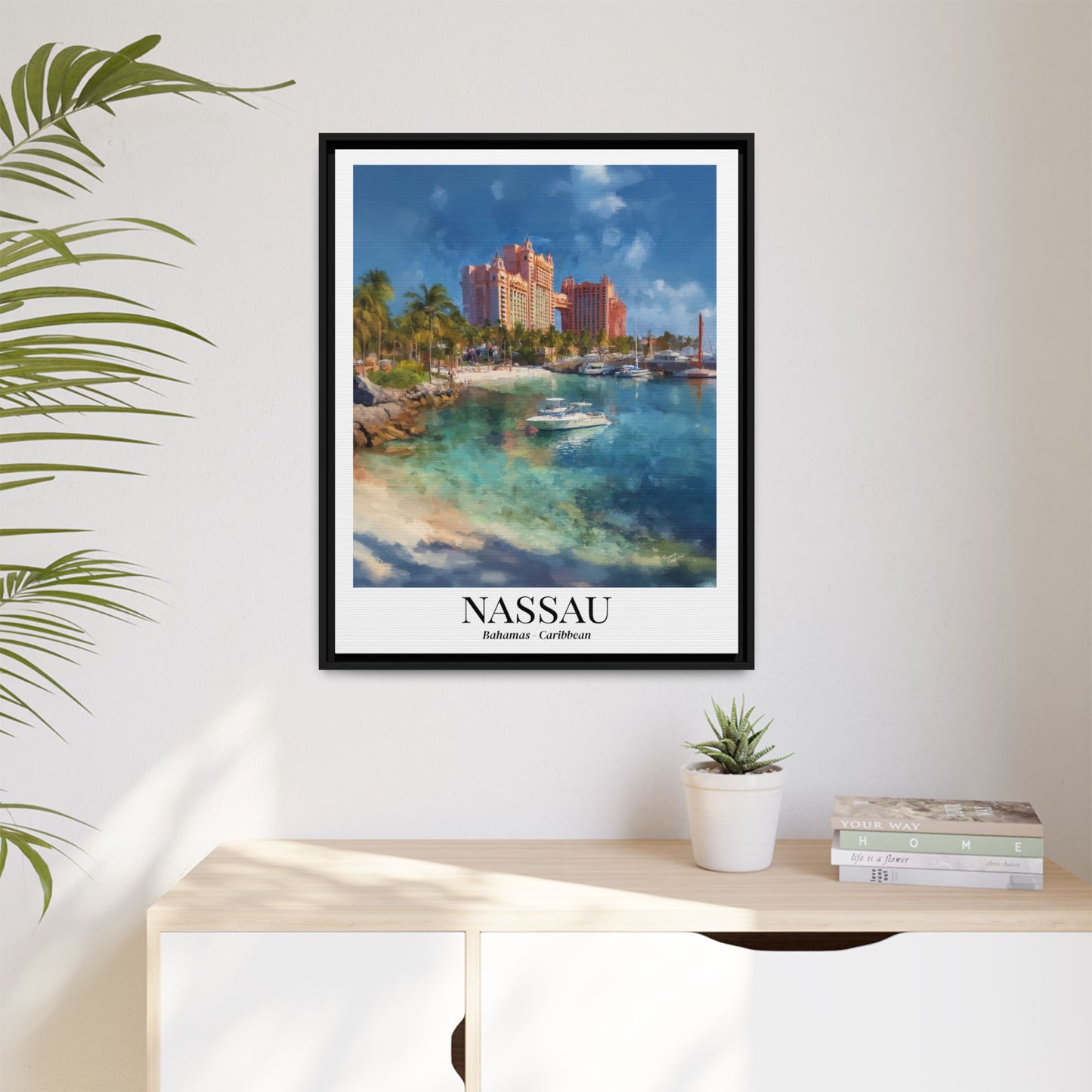 Nassau Framed Canvas Wall Art – Atlantis Resort Print, Cruise Ship Vacation Memory, Bahamas Decor, Beach House Gift for Travelers