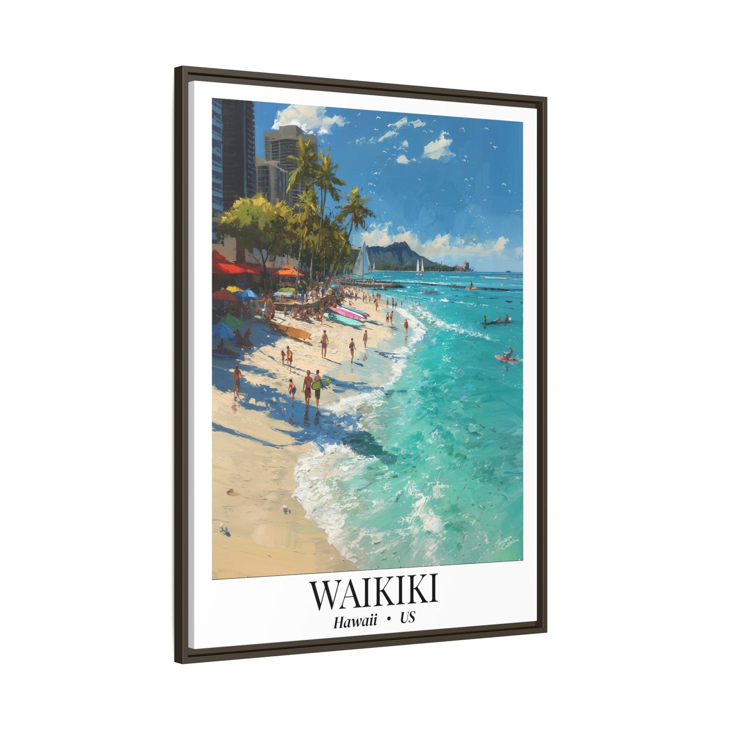 Waikiki Beach Poster Canvas Framed | Tropical Hawaii Wall Art