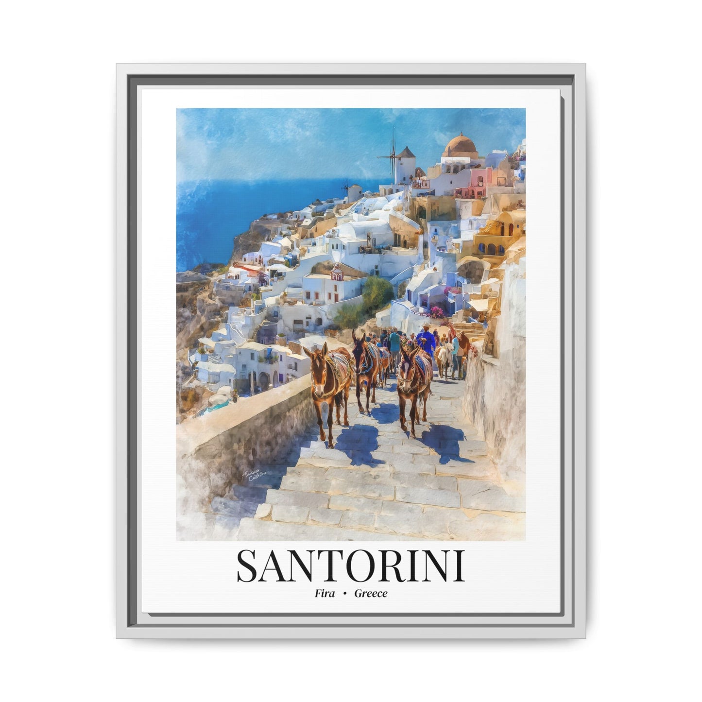 Santorini Framed Canvas Wall Art – Fine Art, Donkeys of Fira Print, Travel Memory, Greece Wall Decor, Nature-Inspired Gift