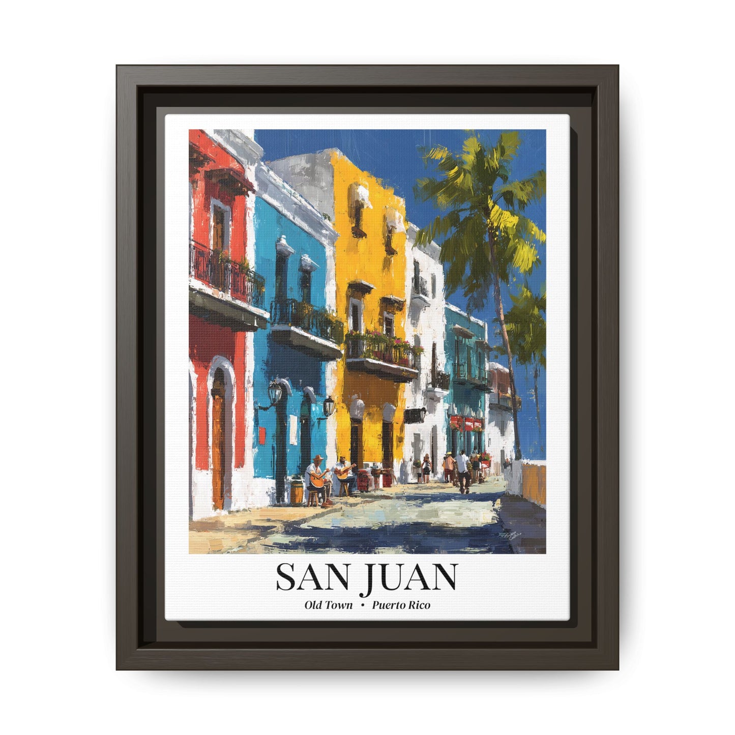 San Juan Framed Canvas Wall Art – Old Town Streets Print, Cruise Ship Vacation Memory, Puerto Rico Decor, Colonial Architecture Gift for Travelers