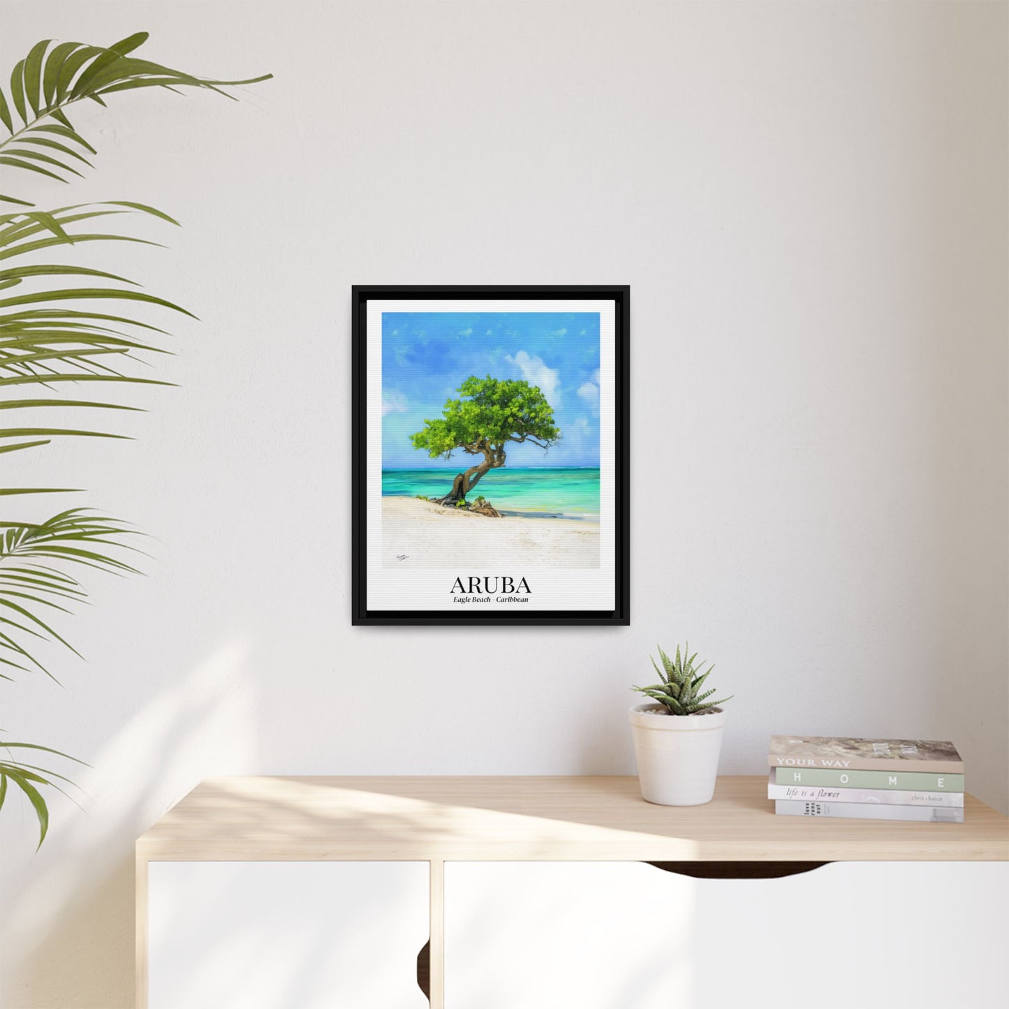 Aruba Framed Canvas Wall Art – Eagle Beach, Fofoti Tree Print, Cruise Ship Vacation Memory, Caribbean Decor, Beach House Gift for Travelers