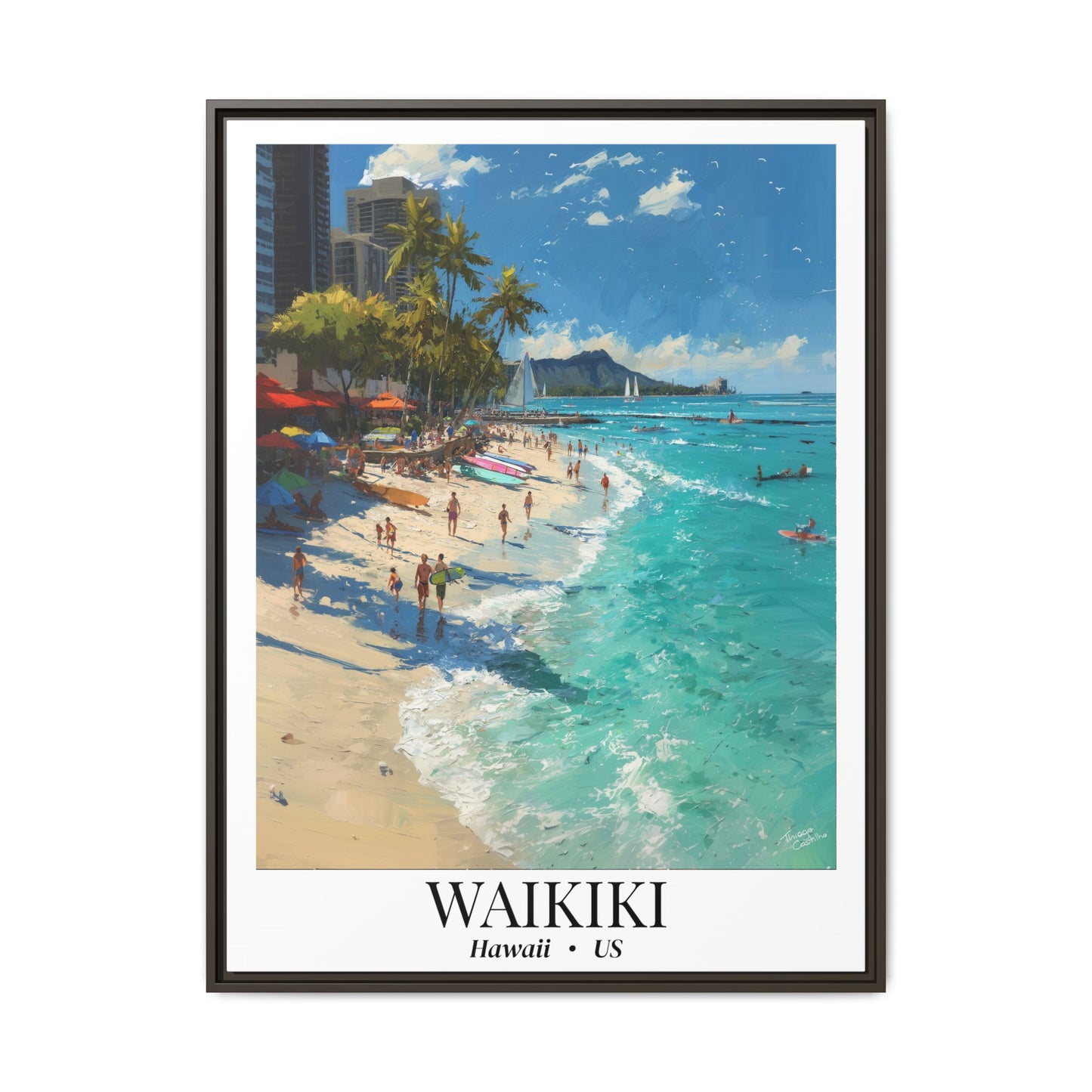 Waikiki Beach Poster Canvas Framed | Tropical Hawaii Wall Art