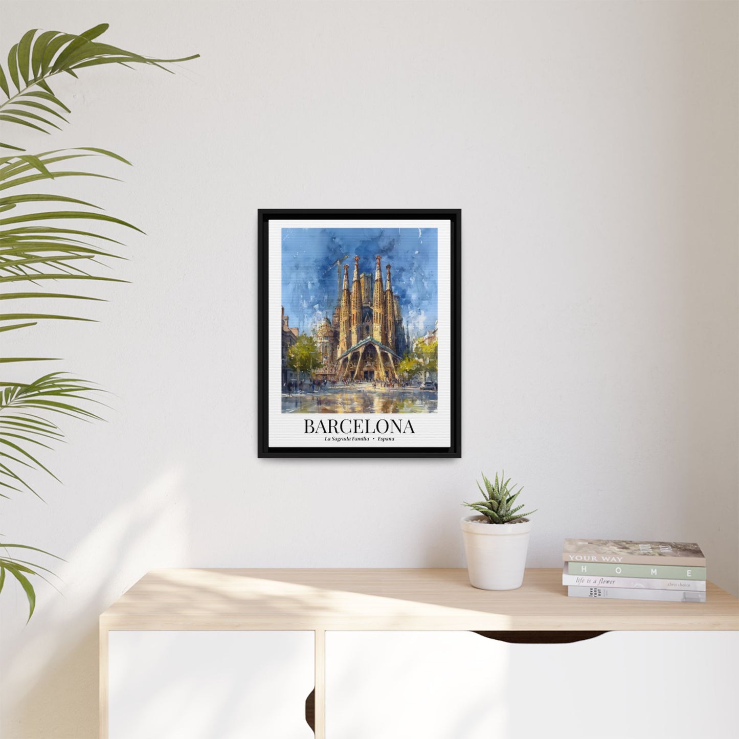 Barcelona Framed Canvas Wall Art – Sagrada Família Cathedral Print, Cruise Port Memory, Spain Travel Decor, Mediterranean Gift for Architecture Lovers