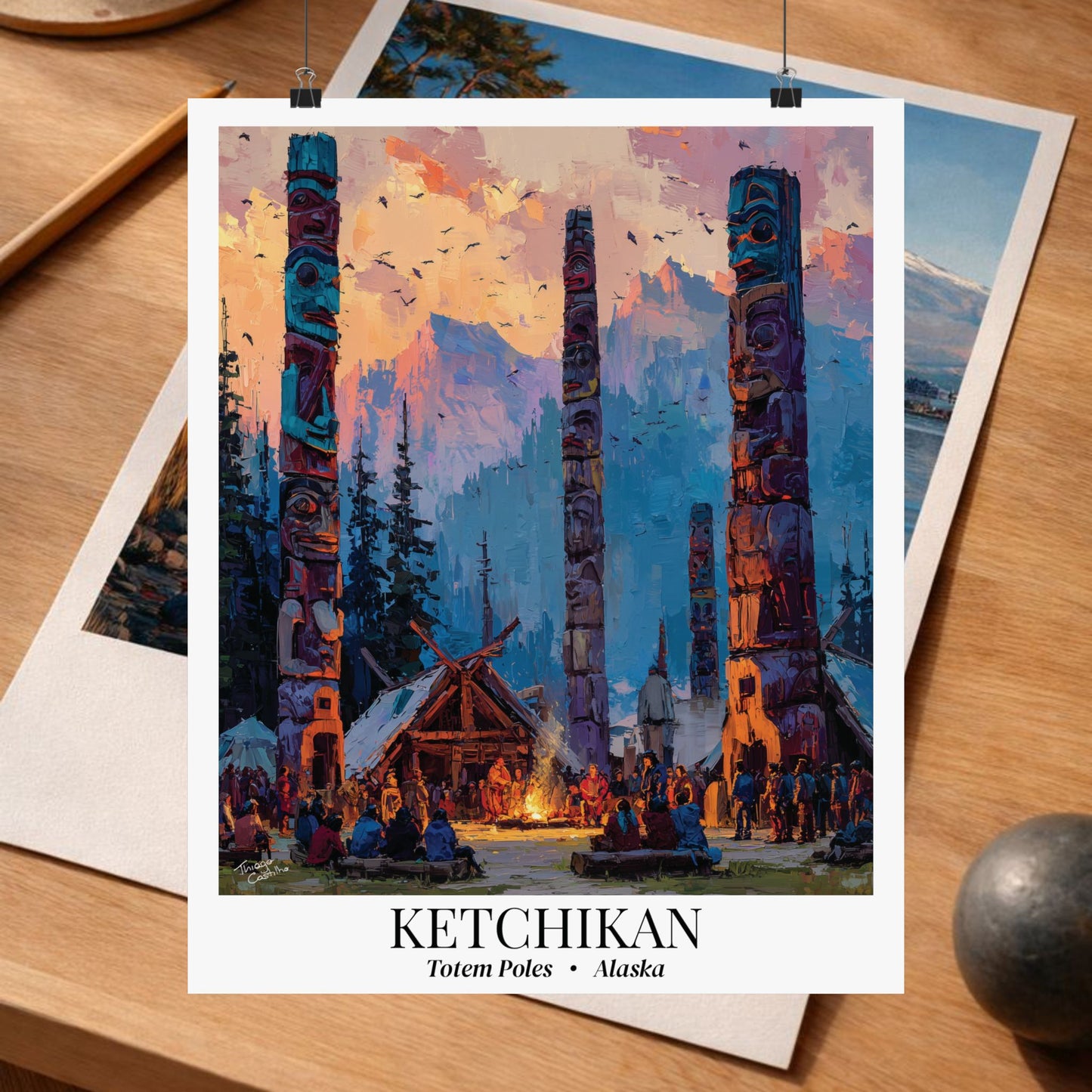 Ketchikan, Alaska - Impressionist Fine Art Poster - Totem Pole Travel Wall Art