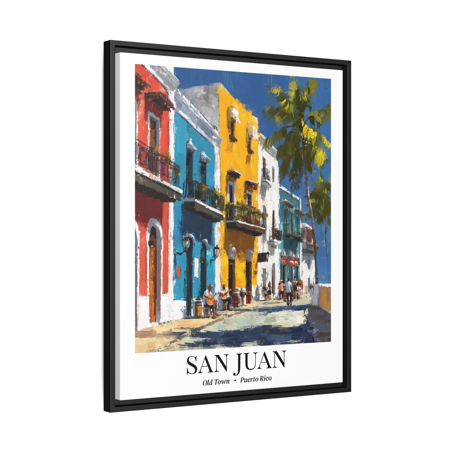San Juan Framed Canvas Wall Art – Old Town Streets Print, Cruise Ship Vacation Memory, Puerto Rico Decor, Colonial Architecture Gift for Travelers