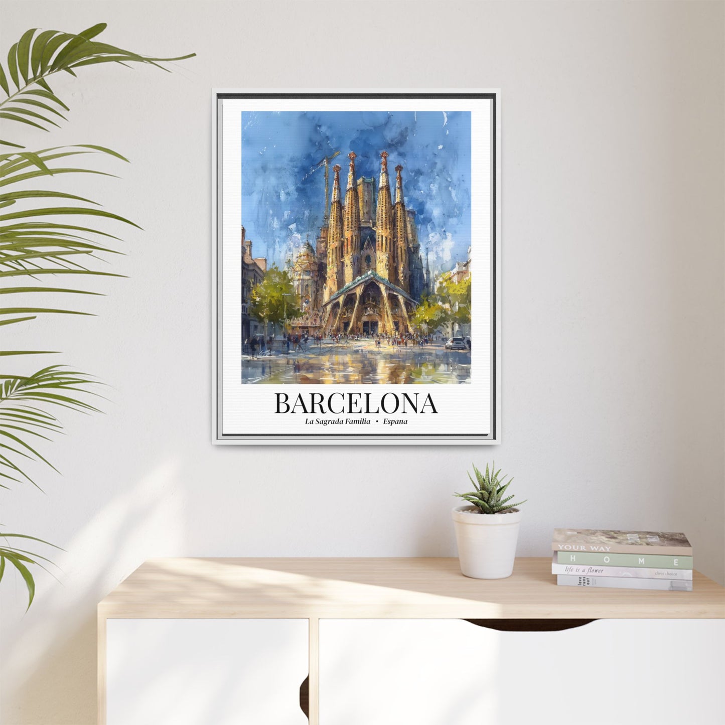 Barcelona Framed Canvas Wall Art – Sagrada Família Cathedral Print, Cruise Port Memory, Spain Travel Decor, Mediterranean Gift for Architecture Lovers