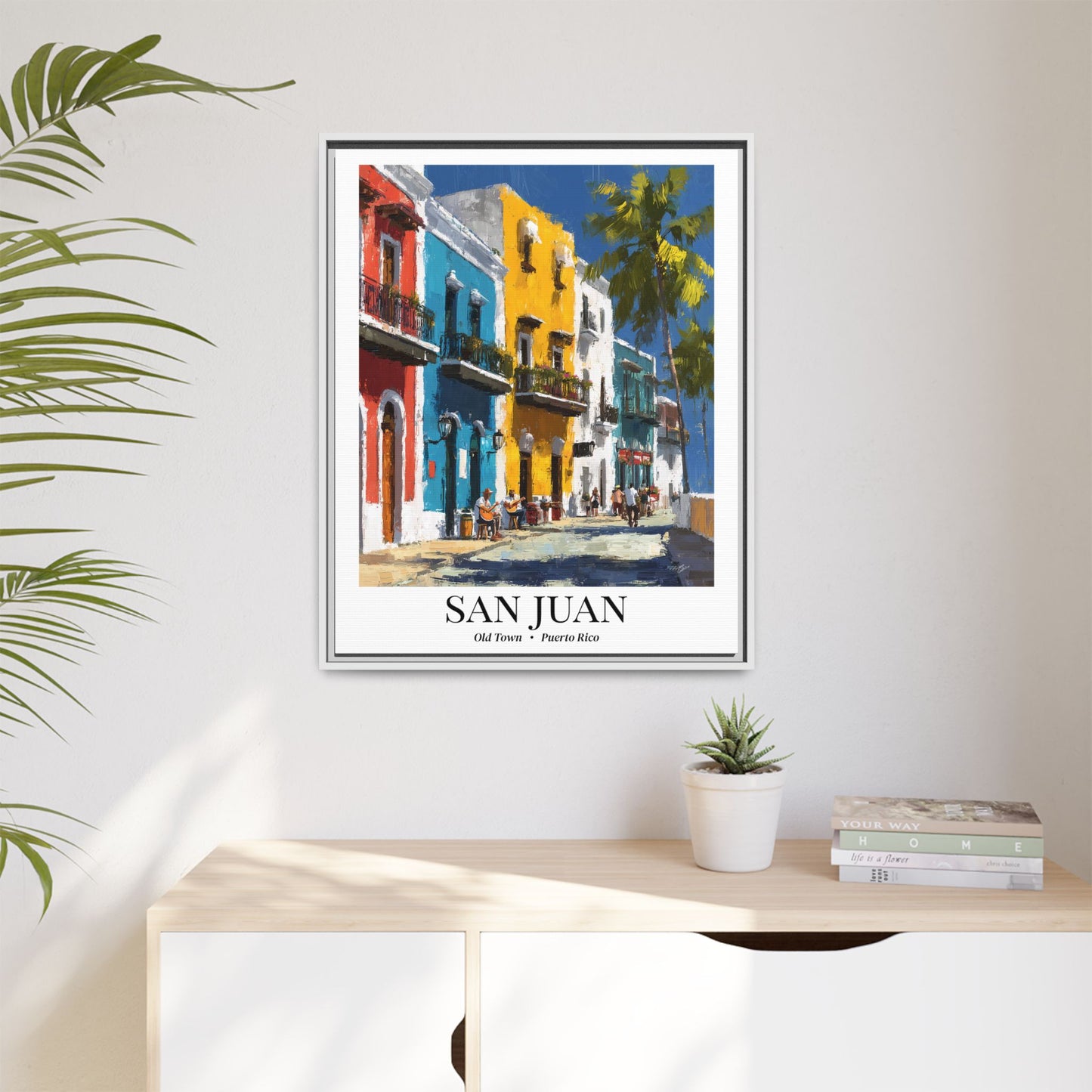 San Juan Framed Canvas Wall Art – Old Town Streets Print, Cruise Ship Vacation Memory, Puerto Rico Decor, Colonial Architecture Gift for Travelers
