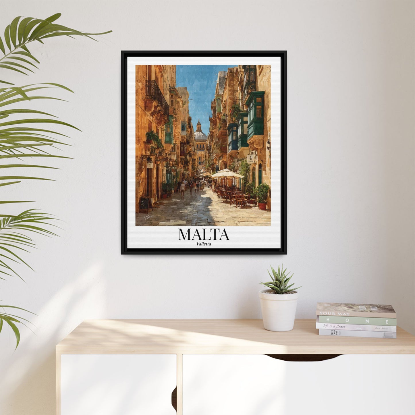 Malta Valletta Street Framed Canvas Fine Art — Vintage Mediterranean Travel Poster