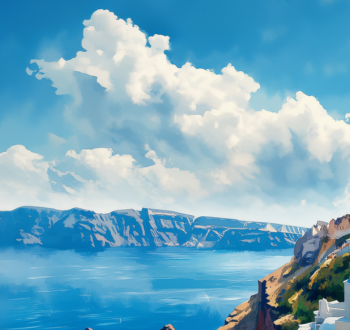 Santorini, Oia Greece - Impressionist Fine Art Poster - Mediterranean Travel Wall Decor