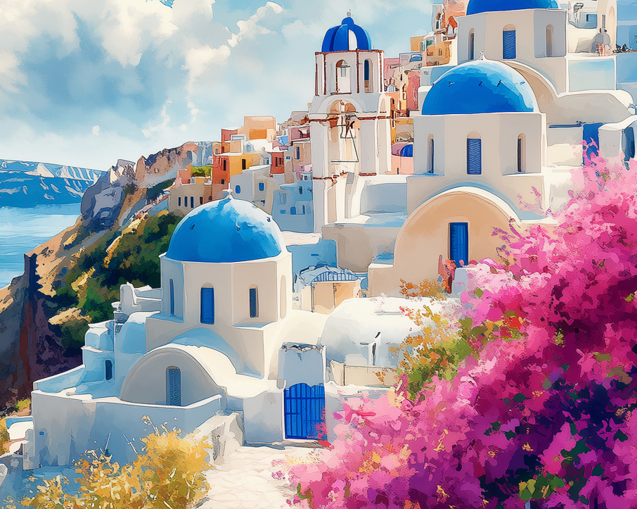 Santorini, Oia Greece - Impressionist Fine Art Poster - Mediterranean Travel Wall Decor