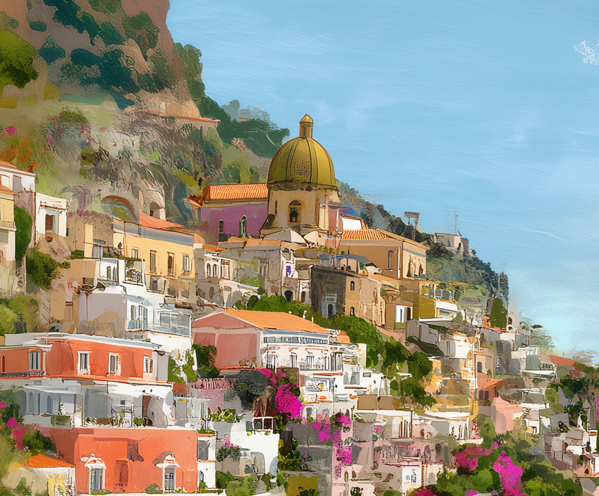 Amalfi Coast Italy – Fine Art Poster Print, Mediterranean Cruise Ship Port Wall Art, Bougainvillea & Lemons Decor