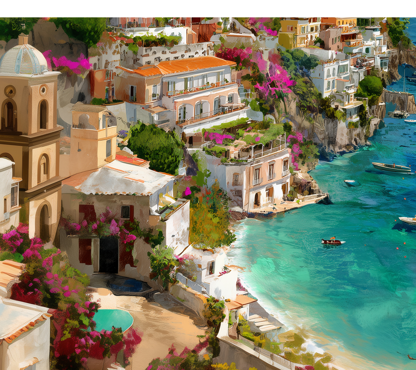 Amalfi Coast Italy – Fine Art Poster Print, Mediterranean Cruise Ship Port Wall Art, Bougainvillea & Lemons Decor