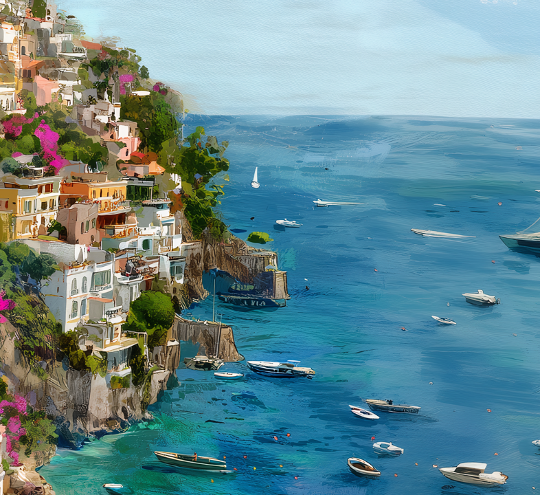 Amalfi Coast Italy – Fine Art Poster Print, Mediterranean Cruise Ship Port Wall Art, Bougainvillea & Lemons Decor