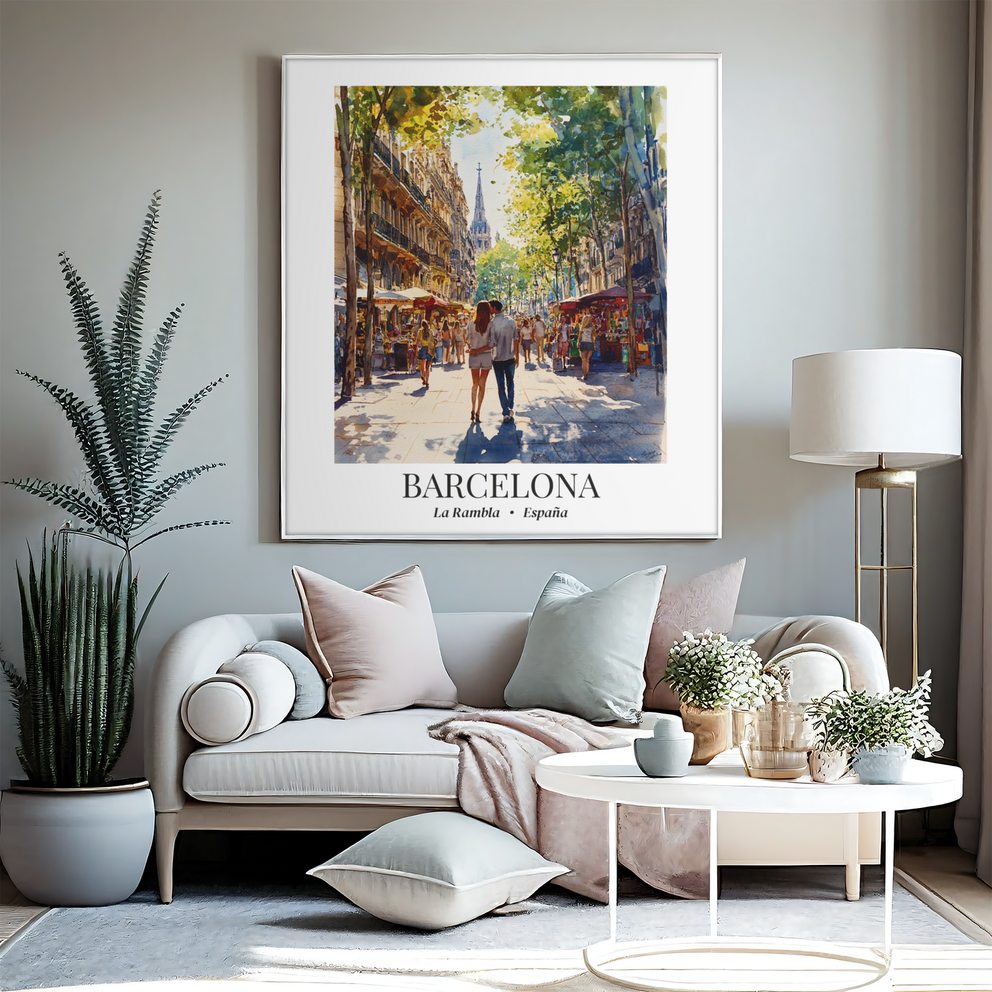 Barcelona Framed Canvas Wall Art – La Rambla Street Scene Print, Cruise Port Memory, Spain Travel Decor, Mediterranean Gift for City Lovers