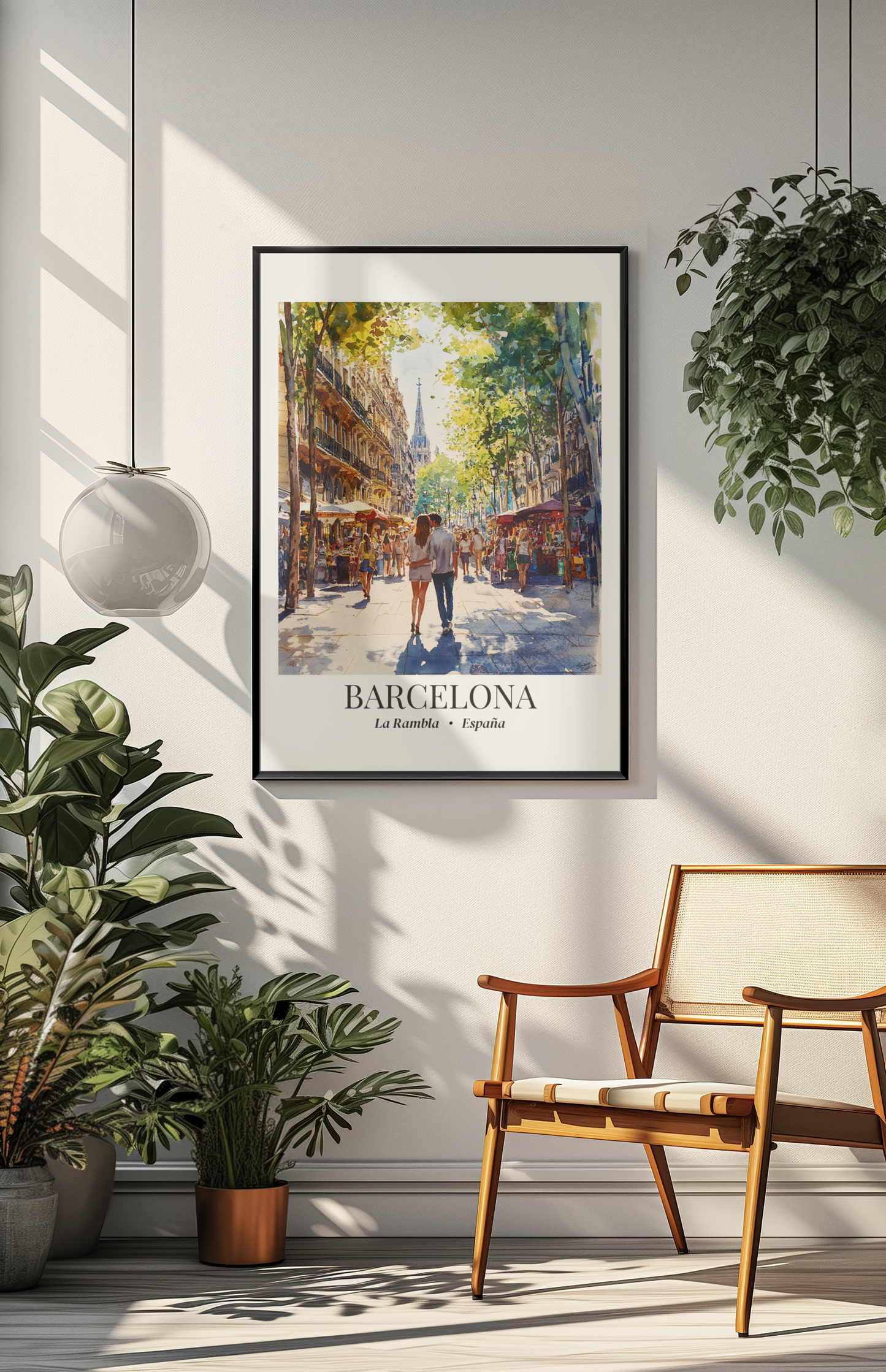 Barcelona Framed Canvas Wall Art – La Rambla Street Scene Print, Cruise Port Memory, Spain Travel Decor, Mediterranean Gift for City Lovers