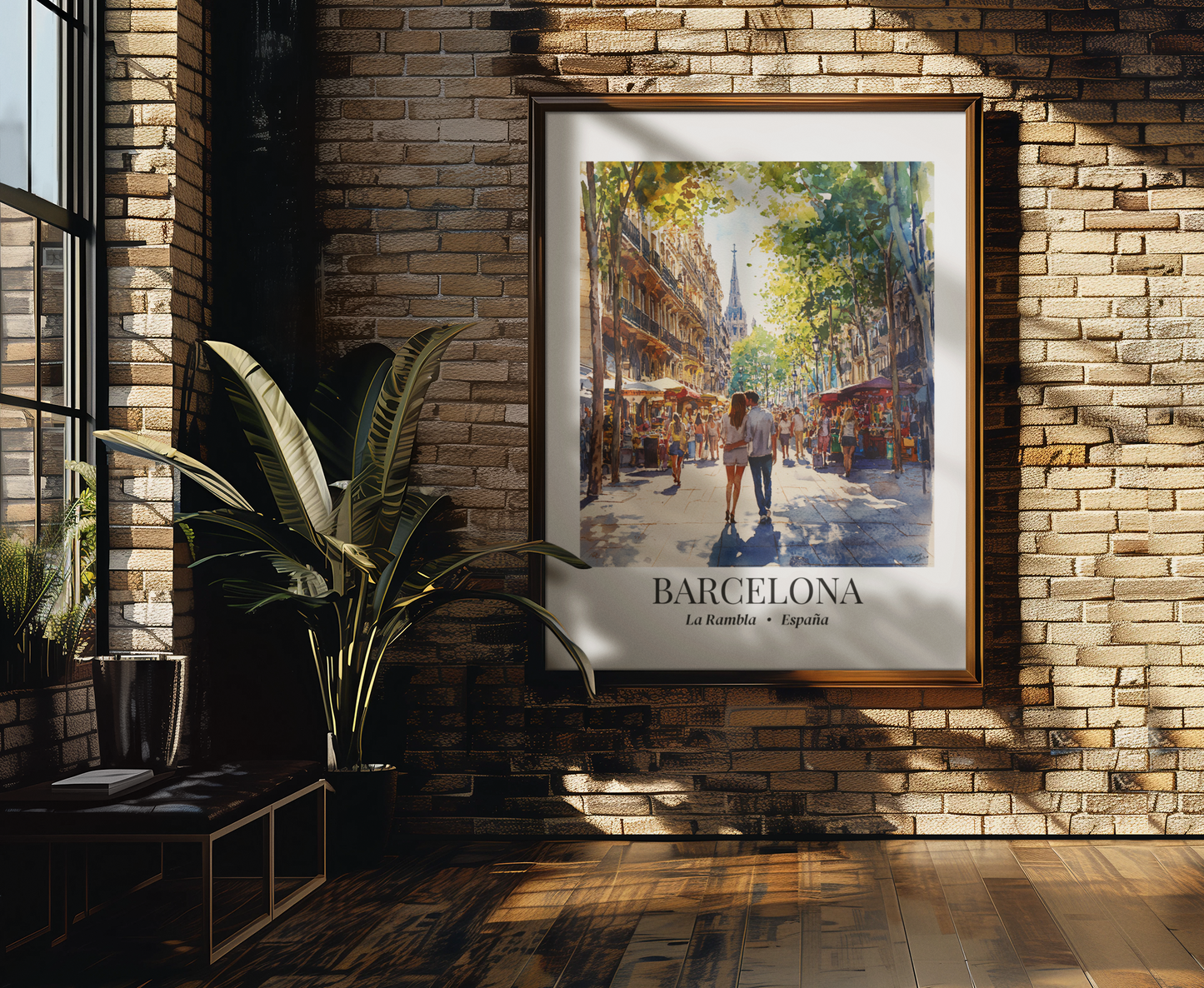 Barcelona Framed Canvas Wall Art – La Rambla Street Scene Print, Cruise Port Memory, Spain Travel Decor, Mediterranean Gift for City Lovers