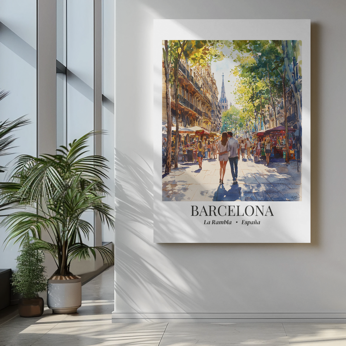 Barcelona Framed Canvas Wall Art – La Rambla Street Scene Print, Cruise Port Memory, Spain Travel Decor, Mediterranean Gift for City Lovers